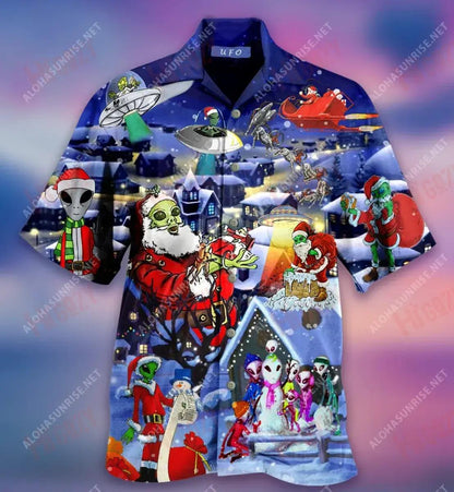 Merry Christmas Earthlings Aliens Short Hawaiian Shirt Vacation Aloha Shirt Custom Hawaiian Shirts Hawaiian Shirts For Women, Hawaiian Shirt Gift, Christmas Gift