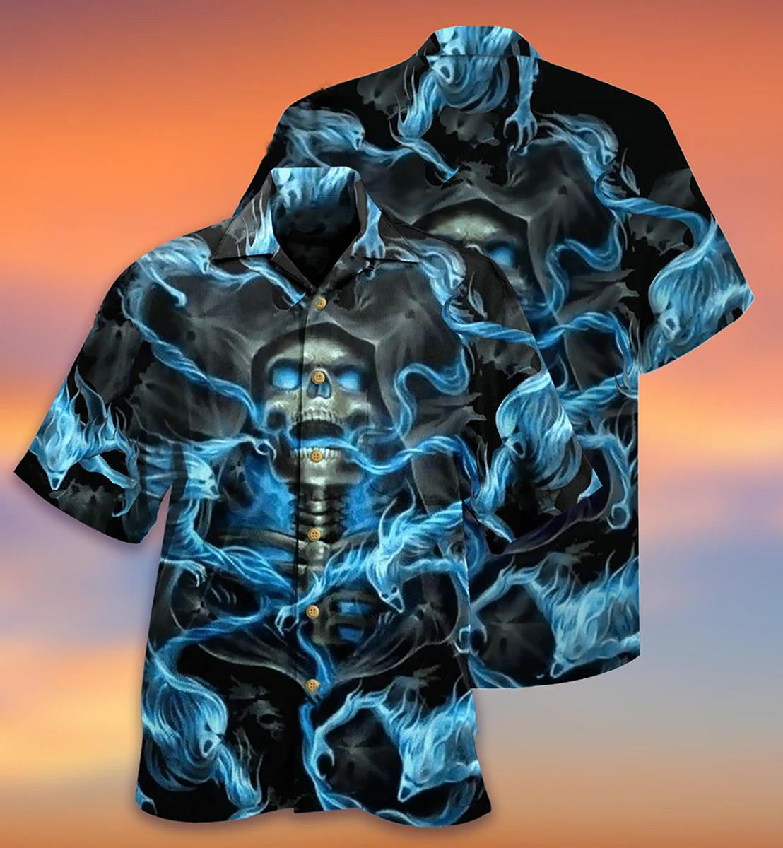 Scary Skull With Blue Fog On Black Background Hawaiian Shirt, Hawaiian Shirt Gift, Christmas Gift