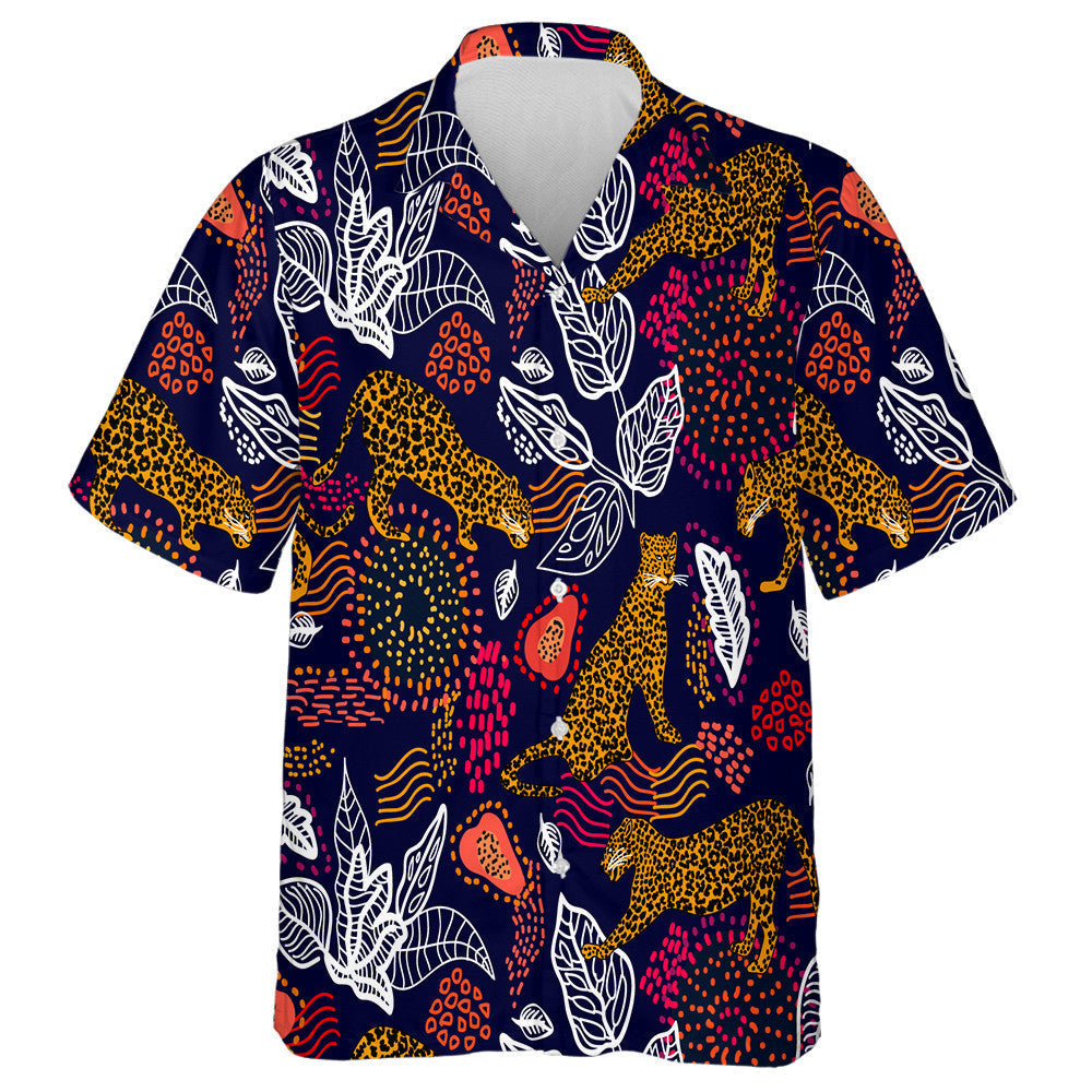 Leopards And Abstract Tropical Plants On Black Background Hawaiian Shirt, Hawaiian Shirt Gift, Christmas Gift