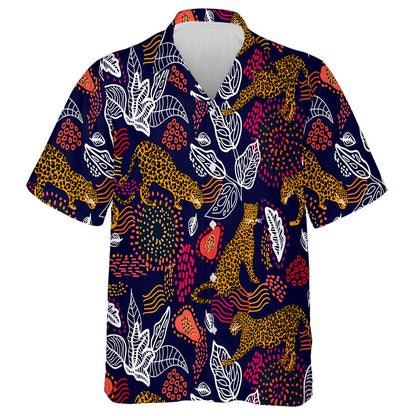 Leopards And Abstract Tropical Plants On Black Background Hawaiian Shirt, Hawaiian Shirt Gift, Christmas Gift