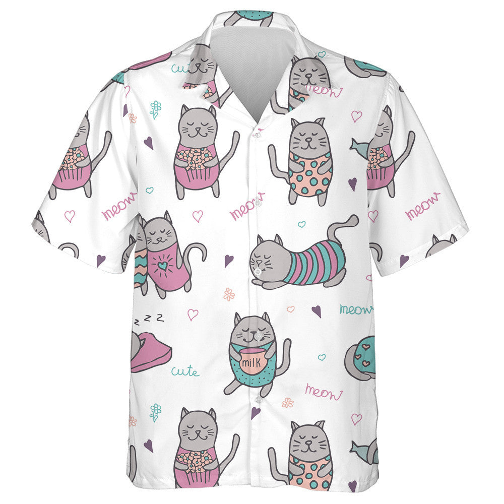 Cartoon Hand Drawn Grey Cats On White Background Hawaiian Shirt, Hawaiian Shirt Gift, Christmas Gift