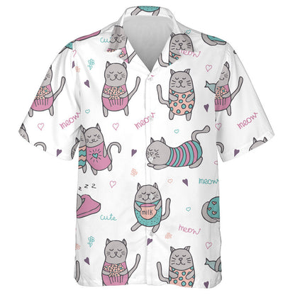 Cartoon Hand Drawn Grey Cats On White Background Hawaiian Shirt, Hawaiian Shirt Gift, Christmas Gift