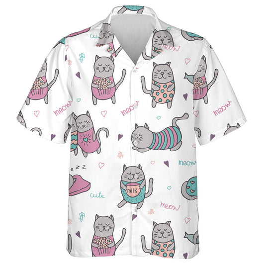 Cartoon Hand Drawn Grey Cats On White Background Hawaiian Shirt, Hawaiian Shirt Gift, Christmas Gift