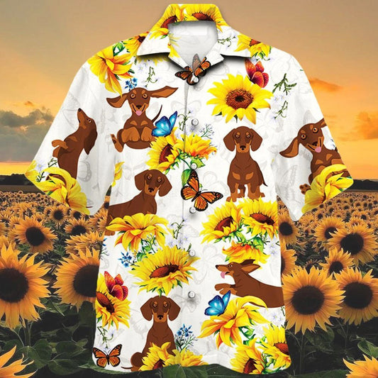 Dachshund Dog With Butterfly On Sun Flower Garden Hawaiian Shirt, Hawaiian Shirt Gift, Christmas Gift