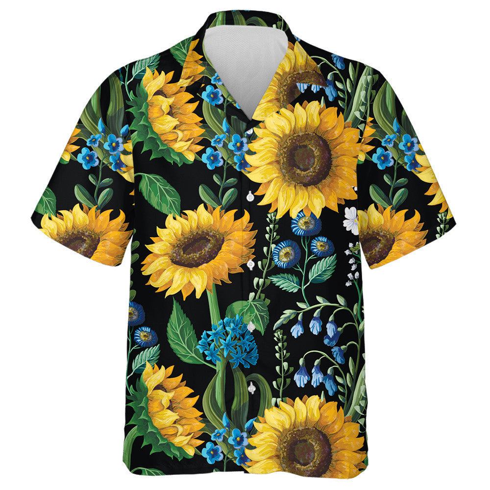 Blue Floral And Sunflowers Hippie Pattern On Black Background Hawaiian Shirt, Hawaiian Shirt Gift, Christmas Gift