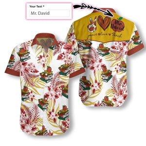 Apples On Books Pink Hibiscus And Leaves Custom Name Hawaiian Shirt, Hawaiian Shirt Gift, Christmas Gift