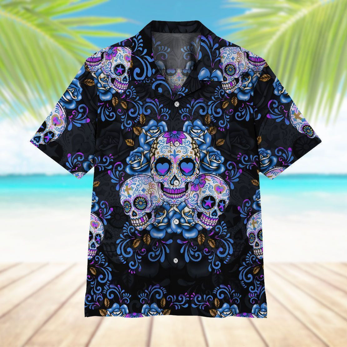 Blue Sugar Skull On Black Skin Pattern Hawaiian Shirt, Hawaiian Shirt Gift, Christmas Gift