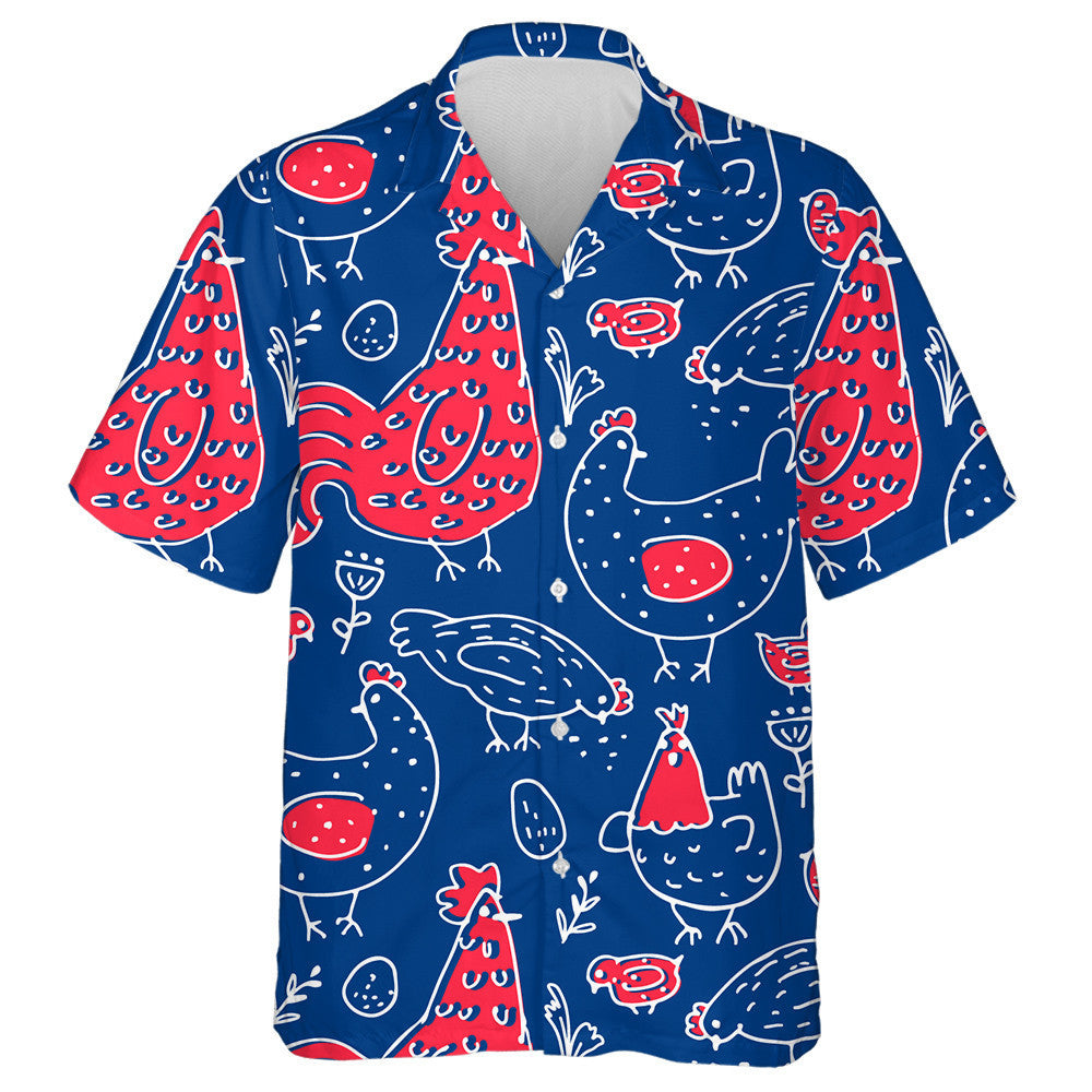 Hand Drawn Patriotic USA Colors Chicken Rooster Hawaiian Shirt, Hawaiian Shirt Gift, Christmas Gift
