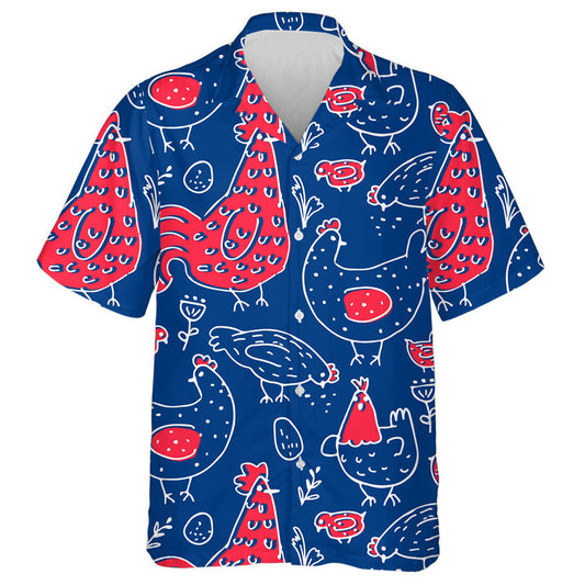 Hand Drawn Patriotic USA Colors Chicken Rooster Hawaiian Shirt, Hawaiian Shirt Gift, Christmas Gift