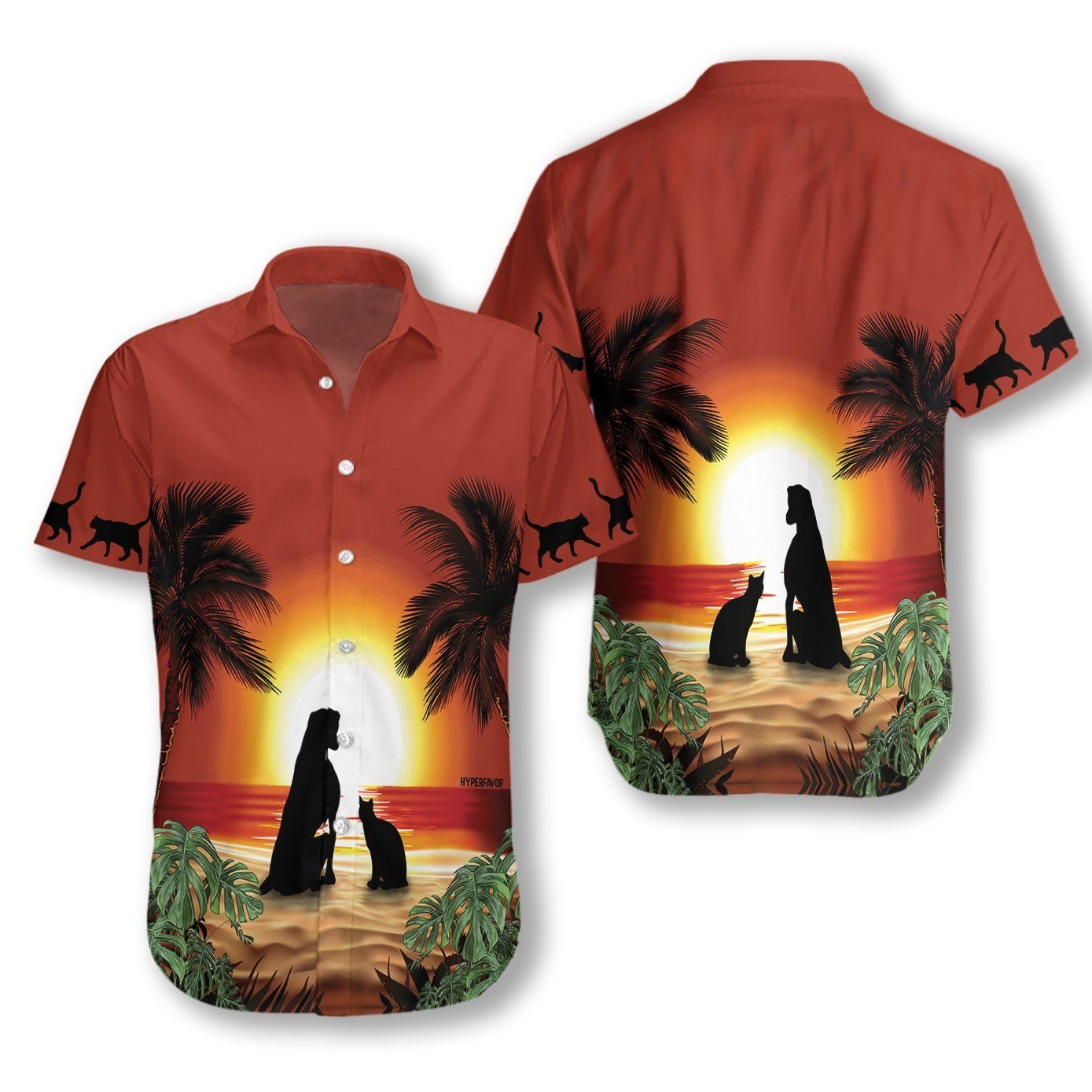 Cat And Dog Sunset Hawaiian Aloha Shirt Hawaiian Shorts Beach Short Sleeve_Hawaiian Shirt Gift, Christmas Gift