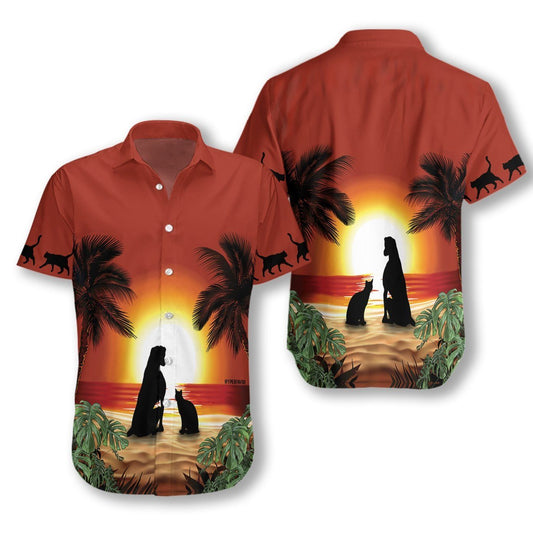 Cat And Dog Sunset Hawaiian Aloha Shirt Hawaiian Shorts Beach Short Sleeve_Hawaiian Shirt Gift, Christmas Gift