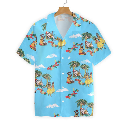 Frohe Weihnachten, Weihnachtsmann auf himmelblauem Musterdesign, Hawaiihemd, Hawaiihemd-Geschenk, Weihnachtsgeschenk.
