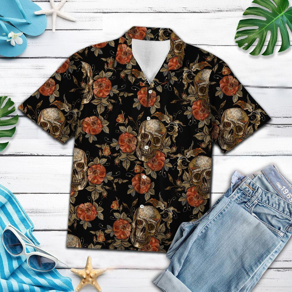 Vintage Skull With Classic Roses Hawaiian Shirt, Hwaiian For Gift