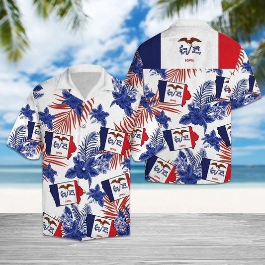 Iowa Flag With Blue Hibiscus And Tropical Leaves Hawaiian Shirt, Hawaiian Shirt Gift, Christmas Gift