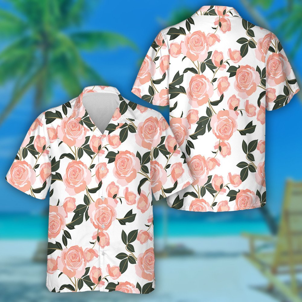 Watercolor Shabby Chic Pink Rose On White Background Hawaiian Shirt, Hawaiian Shirt Gift, Christmas Gift