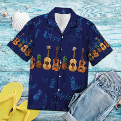 Ukulele With Pineapples In Deep Blue Hawaiian Shirt, Hwaiian For Gift