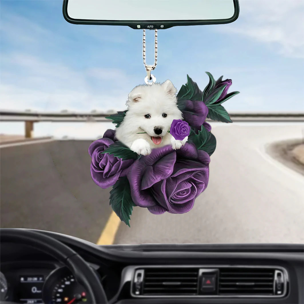 Samoyed In Purple Rose Car Hanging Ornament, Christmas Decoration