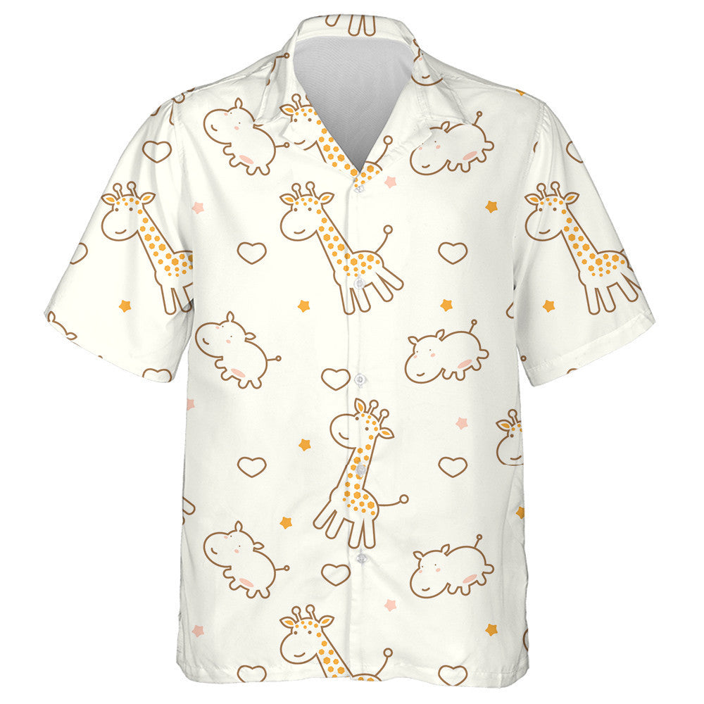 Cute Cartoon Giraffe Hippotamus Heart Star Pattern Hawaiian Shirt, Hawaiian Shirt Gift, Christmas Gift