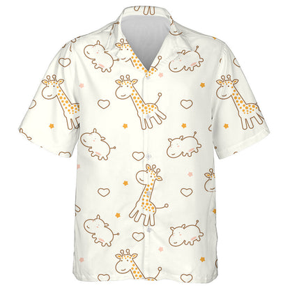 Cute Cartoon Giraffe Hippotamus Heart Star Pattern Hawaiian Shirt, Hawaiian Shirt Gift, Christmas Gift