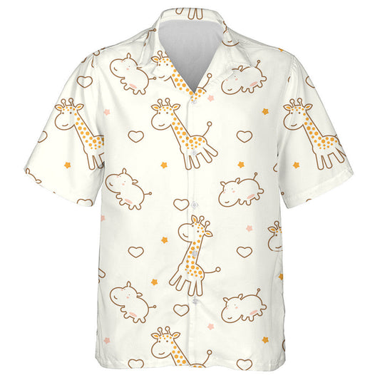 Cute Cartoon Giraffe Hippotamus Heart Star Pattern Hawaiian Shirt, Hawaiian Shirt Gift, Christmas Gift
