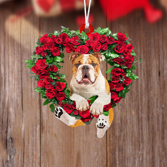 Bulldog-Heart Wreath Two Sides Christmas Plastic Hanging Ornament, Happy Christmas Ornament, Christmas Gift, Christmas Decoration