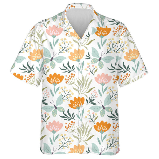 Butterflies And Different Flowers On White Hawaiian Shirt, Hawaiian For Gift