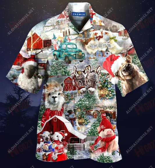 Christmas On Farm Short Hawaiian Shirt Vacation Short Sleeve Vintage Hawaiian Shirts Hawaiian Shirts For Men, Hawaiian Shirt Gift, Christmas Gift