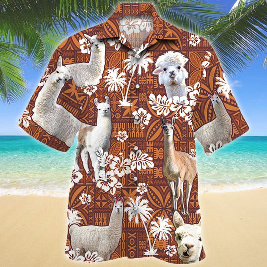 Funny Llama And White Hibiscus On Brown Tribal Pattern Hawaiian Shirt, Hawaiian Shirt Gift, Christmas Gift