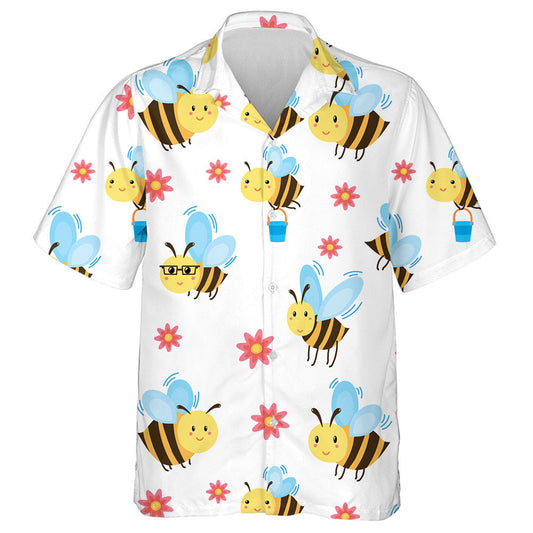 Natural Spring Cute Cartoon Bees And Red Flowers Hawaiian Shirt, Hawaiian Shirt Gift, Christmas Gift