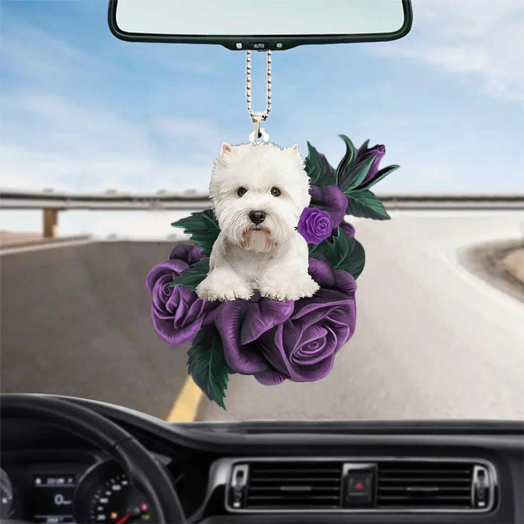 West Highland White Terrier In Purple Rose Car Hanging Ornament, Christmas Decoration
