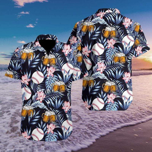 Vintage Baseball And Beer Tropical Design Hawaiian Shirt, Hwaiian For Gift