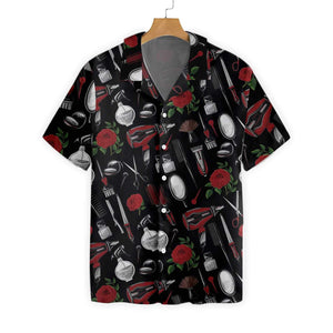 Hairdresser Tools On Black Background Design Hawaiian Shirt,Hawaiian Shirt Gift, Christmas Gift