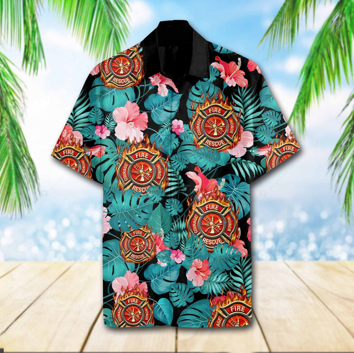 Logo Of Firefighter Tropical Forest Design Hawaiian Shirt, Hawaiian For Gift