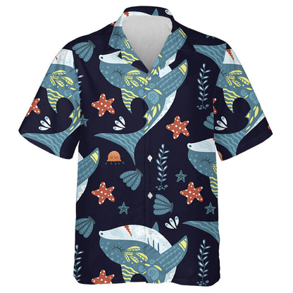 Underwater Cute Girly Shark And Seashell Cartoon Pattern Hawaiian Shirt, Hawaiian Shirt Gift, Christmas Gift
