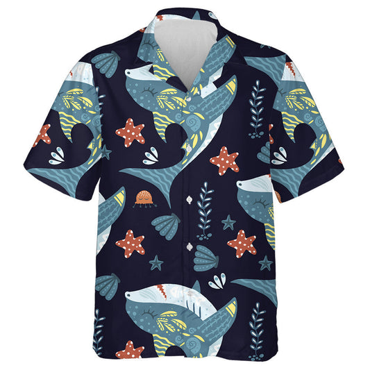 Underwater Cute Girly Shark And Seashell Cartoon Pattern Hawaiian Shirt, Hawaiian Shirt Gift, Christmas Gift