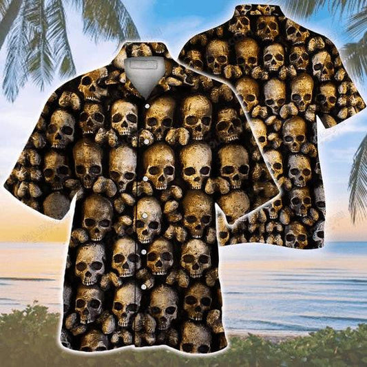Many Skull Golden Textured Pattern Hawaiian Shirt,Hawaiian Shirt Gift, Christmas Gift