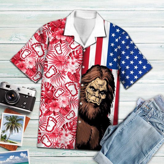 Cool Bigfoot Usa And Tropical Plants Pattern Hawaiian Shirt, Hawaiian Shirt Gift, Christmas Gift