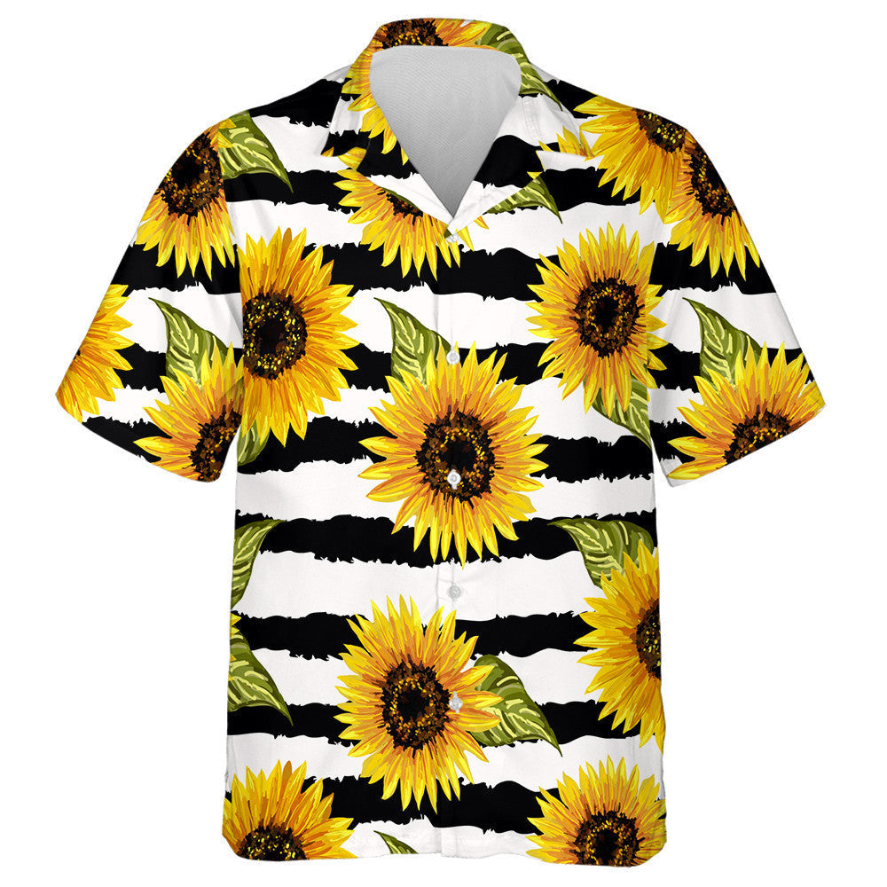 Vintage Sunflowers And Leaves On Abstract Black Striped Hawaiian Shirt, Hawaiian Shirt Gift, Christmas Gift