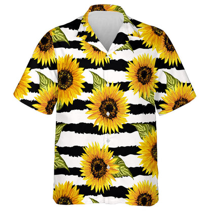 Vintage Sunflowers And Leaves On Abstract Black Striped Hawaiian Shirt, Hawaiian Shirt Gift, Christmas Gift
