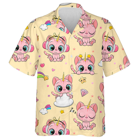 Cute Cartoon Kitty Cat Unicorn On Yellow Hawaiian Shirt, Hawaiian Shirt Gift, Christmas Gift