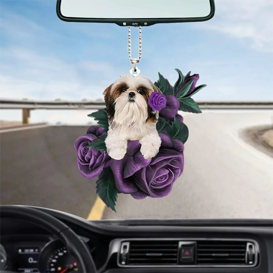 Shih Tzu In Purple Rose Car Hanging Ornament, Car Ornament For Pet Lover, Christmas Decoration