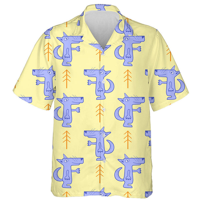 Yellow Background With Cartoon Wolf And Fir Trees Hawaiian Shirt, Hawaiian Shirt Gift, Christmas Gift