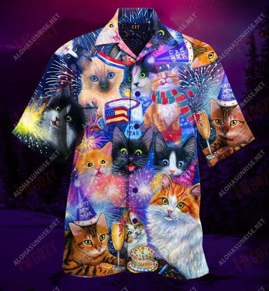Cats Wish You Happy New Year Short Hawaiian Shirt Summer Hawaiian T Shirts Vintage Hawaiian Shirts Funny Hawaiian Shirts, Hawaiian Shirt Gift, Christmas Gift