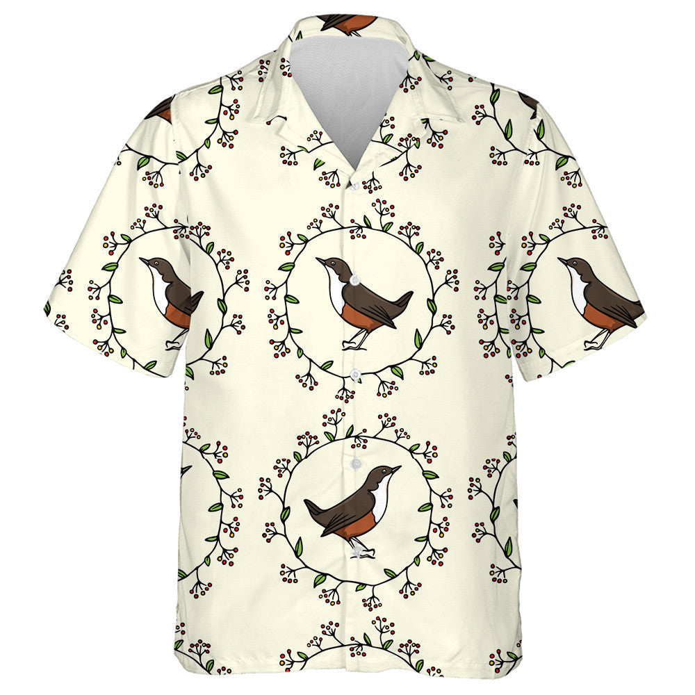 Sweet Birds In Floral Wreath With Leaves And Berries Hawaiian Shirt, Hawaiian Shirt Gift, Christmas Gift