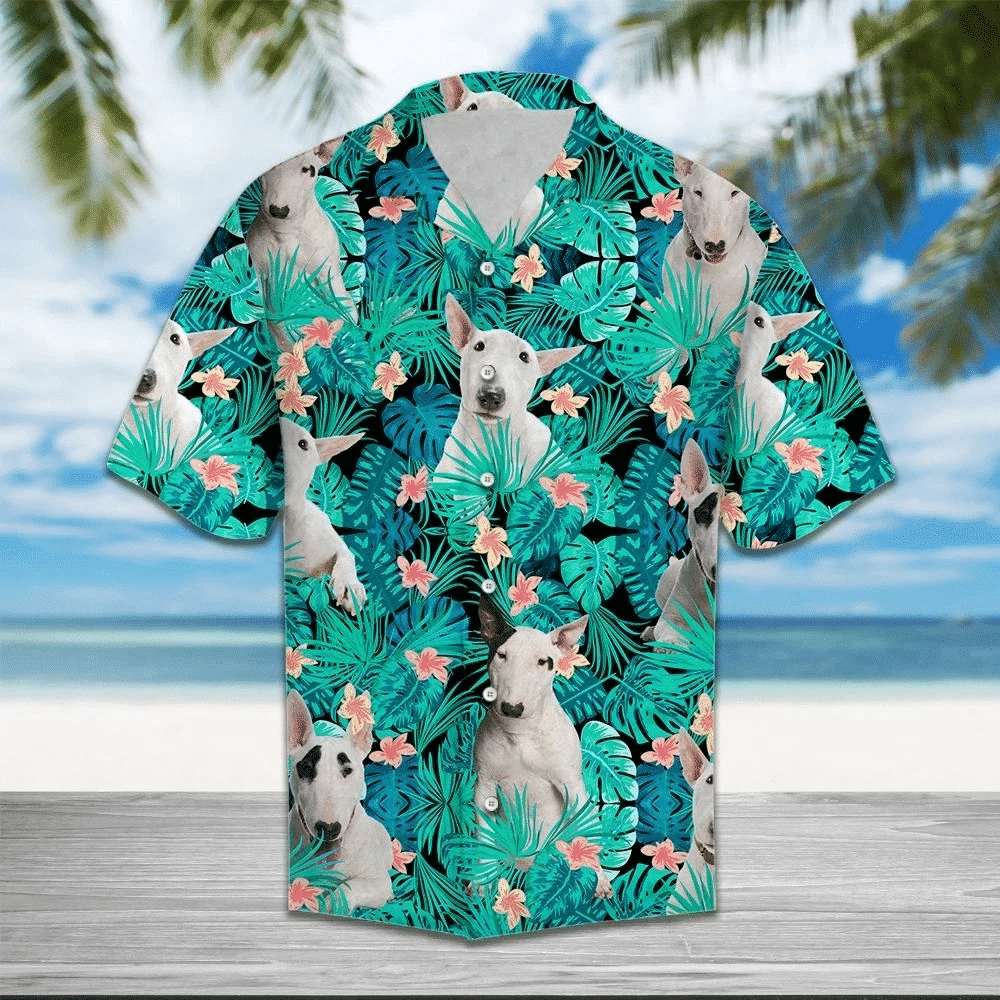 Bull Terrier Behind Flower Pattern Hawaiian Shirt, Hawaiian For Gift