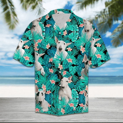Bull Terrier Behind Flower Pattern Hawaiian Shirt, Hawaiian For Gift