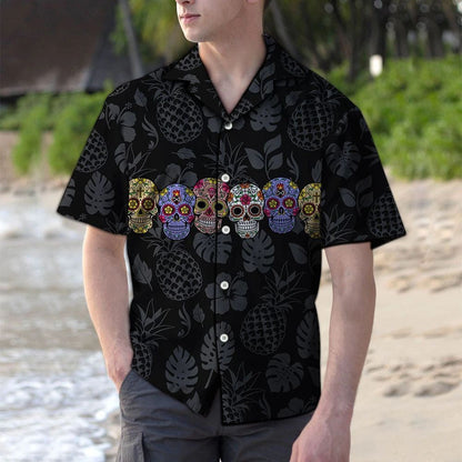 Sweet Sugar Skull With Gray Pineapple And Tropical Leaves Hawaiian Shirt, Hawaiian Shirt Gift, Christmas Gift