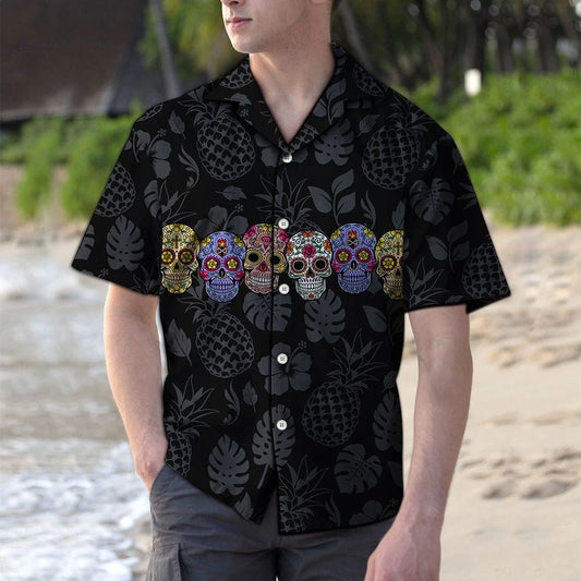 Sweet Sugar Skull With Gray Pineapple And Tropical Leaves Hawaiian Shirt, Hawaiian Shirt Gift, Christmas Gift