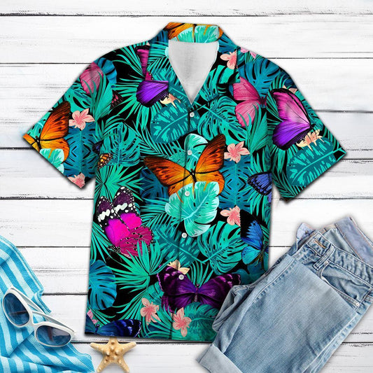Tropical Butterfly Group Palm Leaves Summer Vacation Themed Hawaiian Shirt, Hawaiian Shirt Gift, Christmas Gift