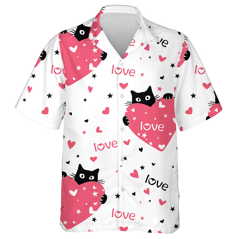 Cute Black Cats And Hearts For Love Day Hawaiian Shirt, Hawaiian Shirt Gift, Christmas Gift
